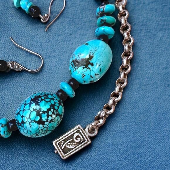 Vintage Handmade Turquoise Necklace with Onyx Solid 925 Sterling Silver+Earrings - Picture 3 of 15